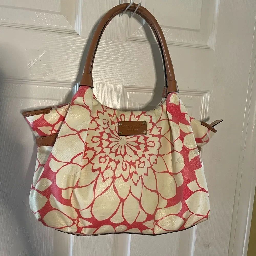 Kate Spade NY canvas beige & pink coral Satchel leather tan straps & trims